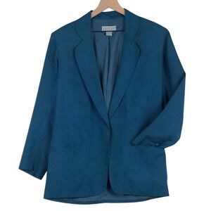 LEILEI 100% Silk Blazer Jacket Sz M Teal Blue Fully Lined One Button Minimalist